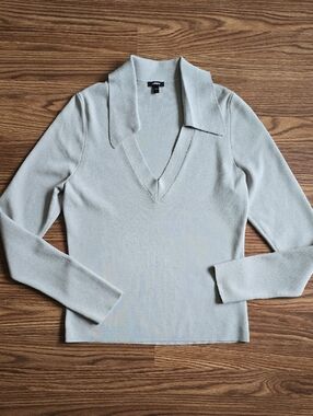 Express Women's V-Neck Collared Sweater - Light Gray